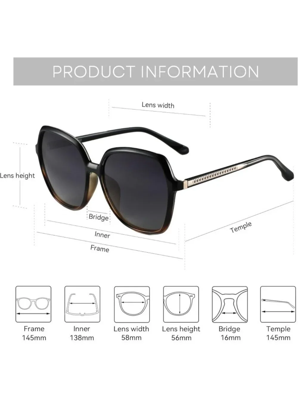 Women's Polarized Oversized Square Sun Glasses Shades UV400 Protection C03 Black